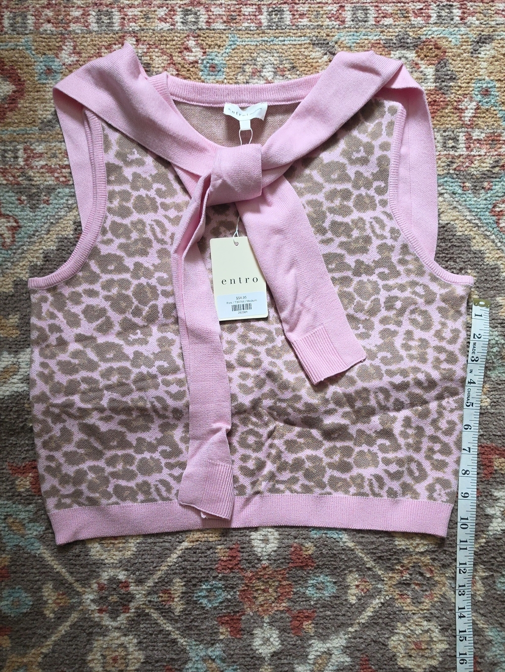 entro Pink & Beige Leopard Knit Tank with Tie Detail Womens Medium 2